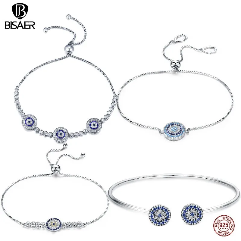 

Pulseira BISAER 925 Sterling Silver Lucky Blue Eye God's Eye Women Tennis Bracelets Femme Fashion Sterling Silver Jewelry ECB002