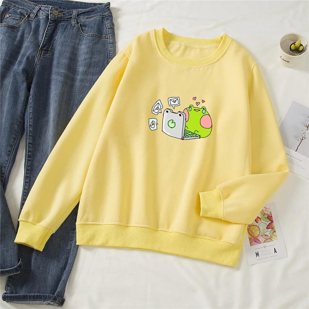 Cute Sweet Frog Sweatshirt Soft Funny Graphic Hoodies Cotton Aesthetic Harajuku Womens Hoodie Tops Kawaii Sweetshirt for Girls