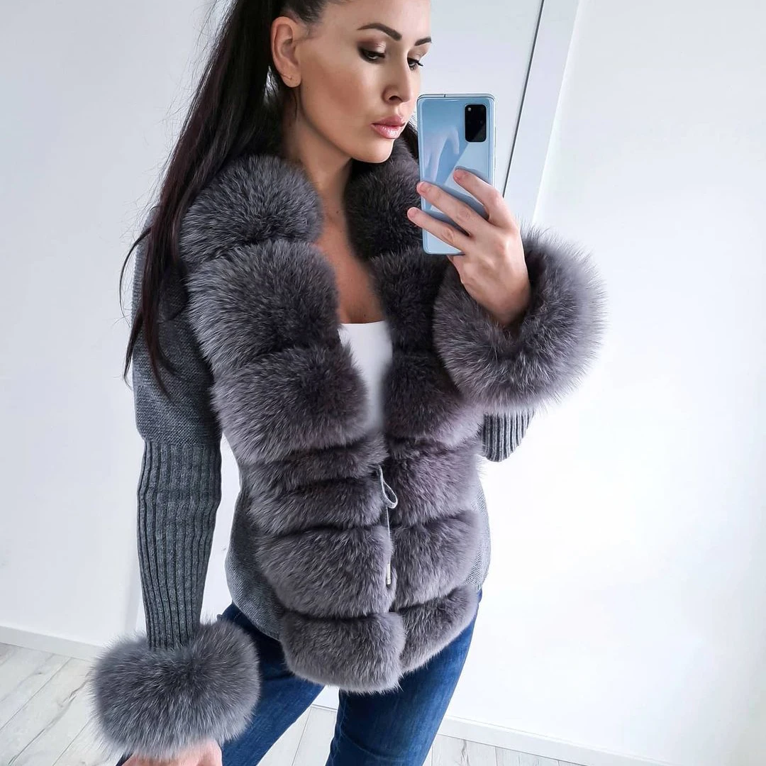 Real Fur Cardigan Jacket Winter Warm Knitted Sweater Women O Neck Belt 2021 Fashion Casual Female Natural | Женская одежда