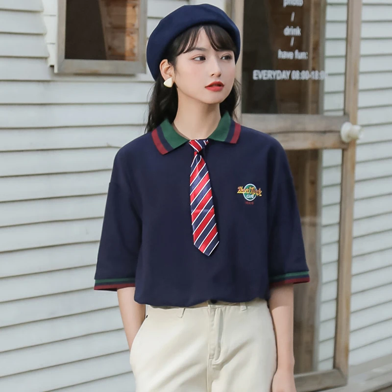 

Polo Khaki 2021 New Loose Contrast Color Short-Sleeved T-shirt Women's Summer Letter Stripes Polo School Uniform JK Tie Top
