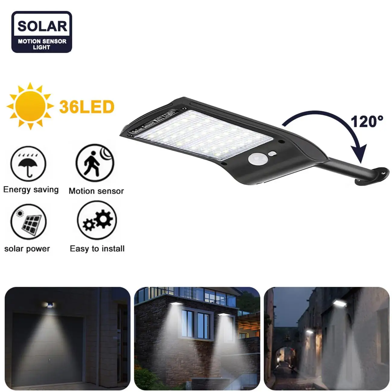 

36 LED-solar-street-path-flood-light Outdoor garden-yard-Power-Wall-Lamp remote control rotate bracket PIR Motion Sensor