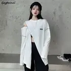 Футболка женская с круглым вырезом и длинным рукавом, пикантная свободная Асимметричная Лоскутная уличная одежда на молнии с разрезом в стиле хип-хоп, Харадзюку