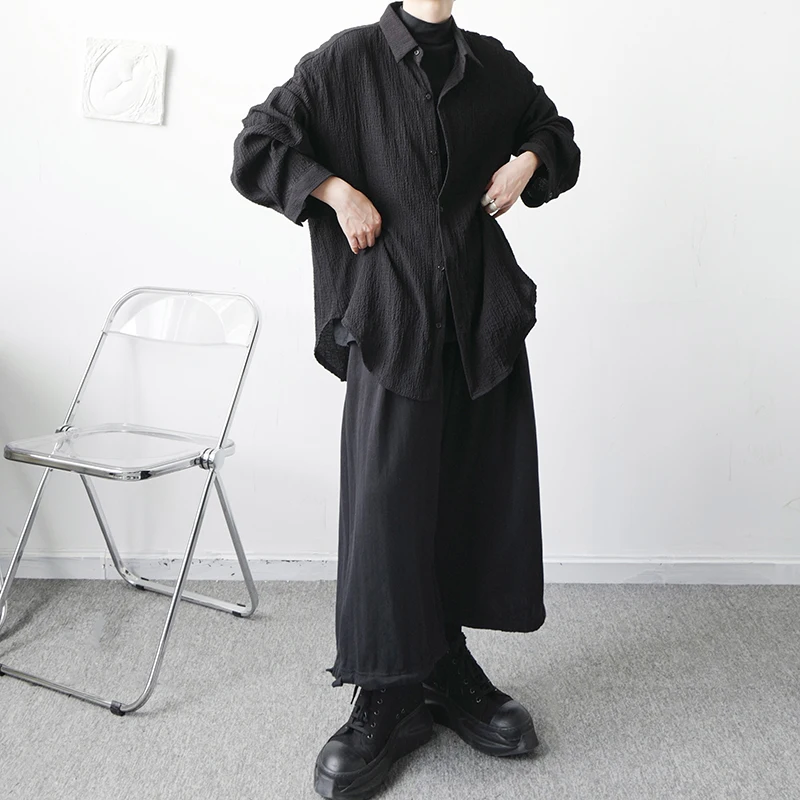 

Men Korean Streetwear Fashion Pleated Fabric Loose Casual Long Sleeve Shirts Tops Man Women Shirt Cardigan Coat Oversize Shirts