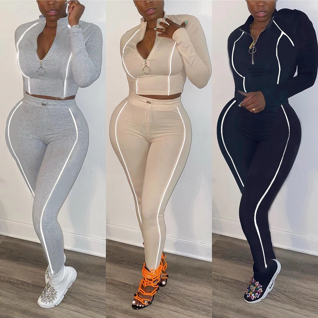 

Reflective Stripe Two Pieces Sets Women Tracksuits Fashion Zipper Long Sleeve Crop Tops+High Waist Slim Sweatpants Female Set