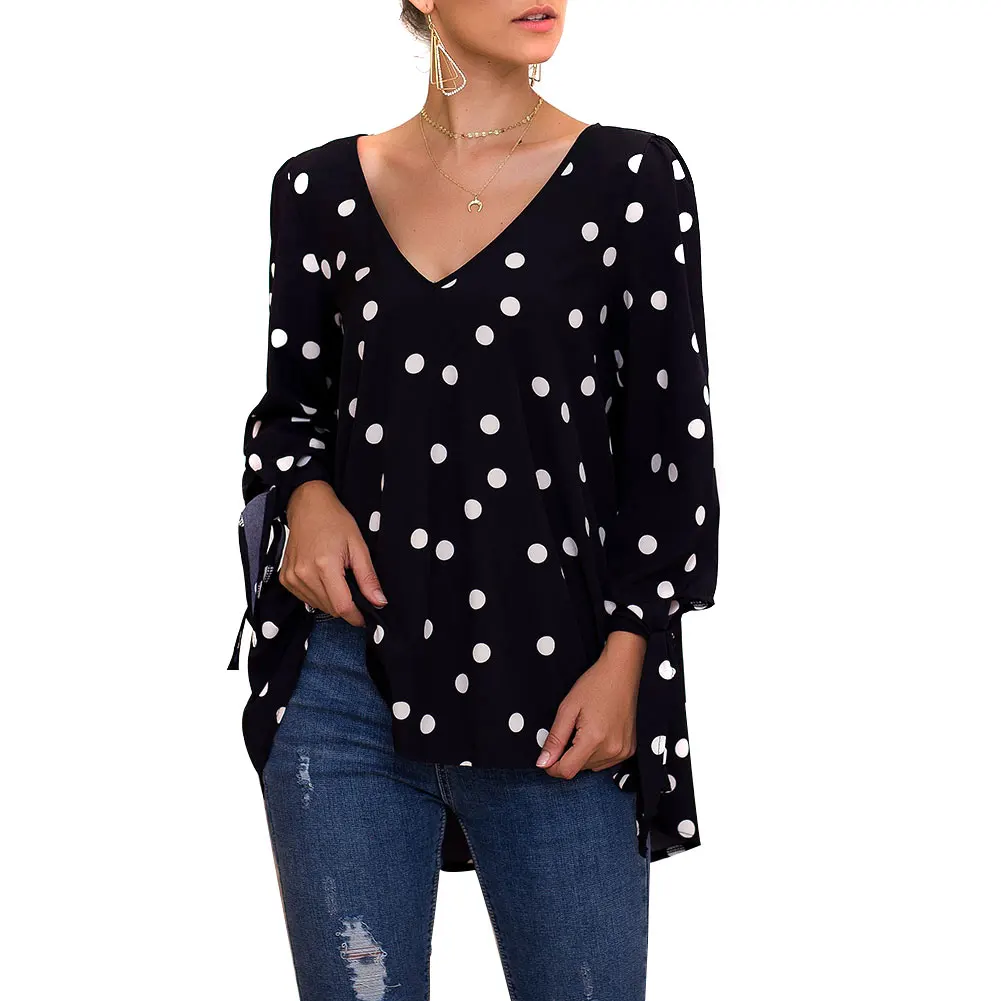 

Женская футболка в горошек, с V-образным вырезом и длинным рукавом