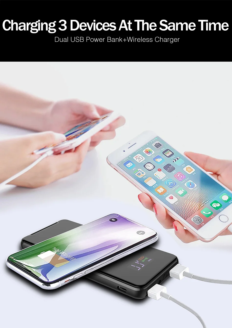 YKZ 5000mAh Qi Беспроводное зарядное устройство Powerbank для iPhone X светодиодный дисплей повербанк двойной USB вертикальное Беспроводное зарядное устройство Внешняя батарея