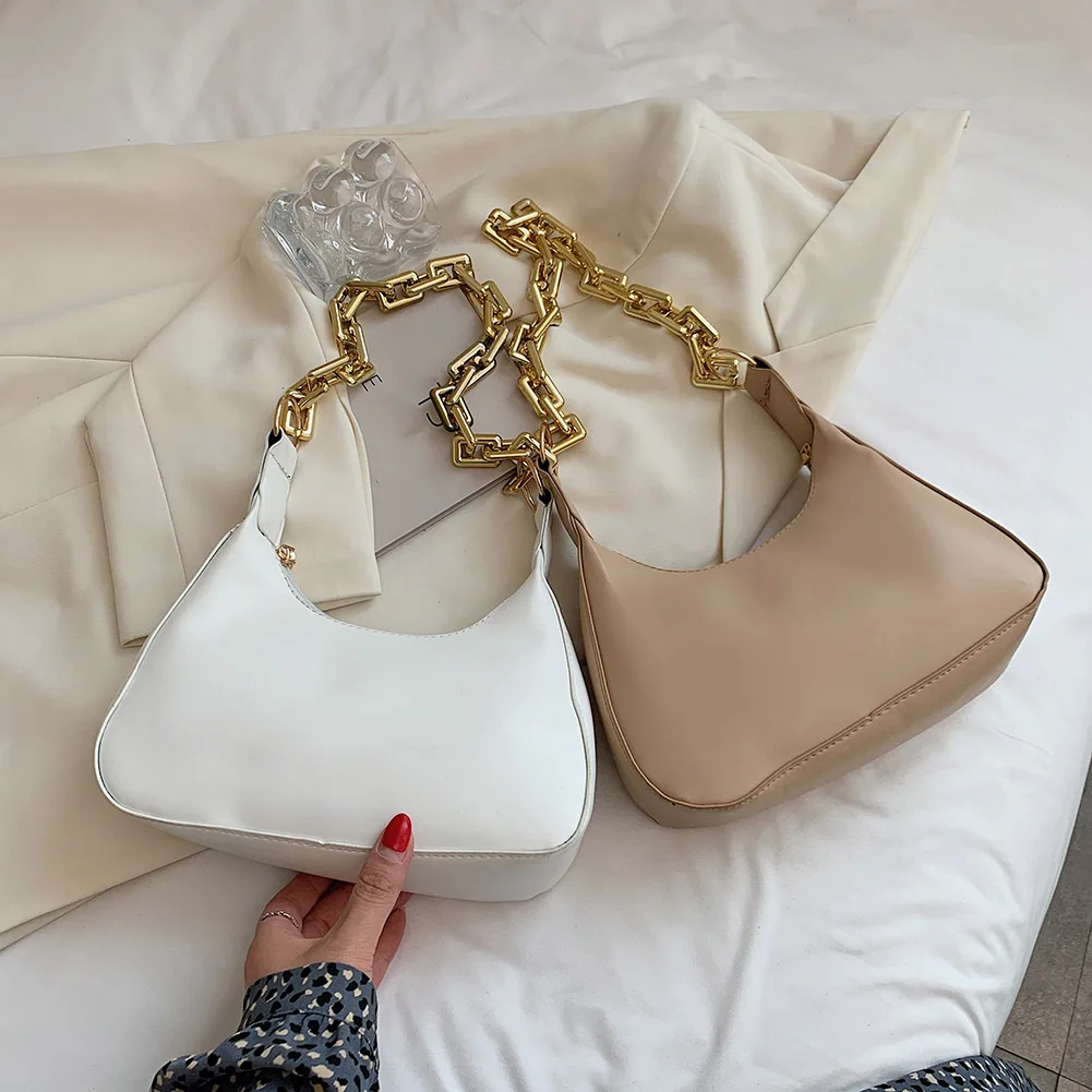 

2021 New Fashion Vintage PU Leather Shoulder Underarm Bags For Women Casual Solid Color Thick Chain Ladies Daily Small Handbags