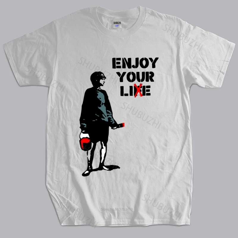 

Men T Shirt Summer Brand Tshirt Banksy Enjoy Your Life 'Living A lie' London Street Art Mens Tshirt Top Tees Mens Tshirt