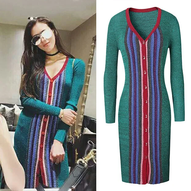 2019 Новое Женское трикотажное платье в полоску с v образным вырезом и длинными
