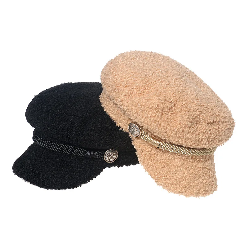 

2021 octagonal hat lamb hair female autumn and winter pure color navy hat warm newsboy painter hat chain octagonal hat