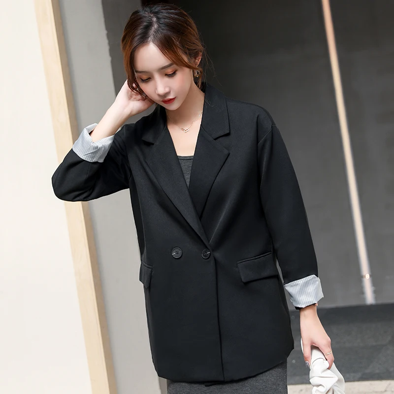 

Office Casual Double Breasted Black Blazers Women Turn-Down Collar Elegant Blazers Long Sleeve Ladies Tops Outwear Loose Blazers