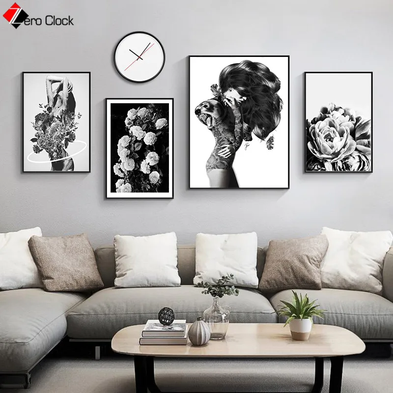 Черно-белый абстрактный женский цветочный постер украшение стены искусства