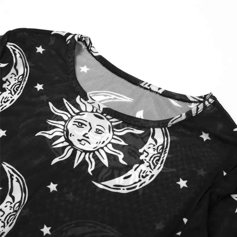 Sun Moon/печатаный Прозрачный сетки пикантные футболка женское платье с круглым