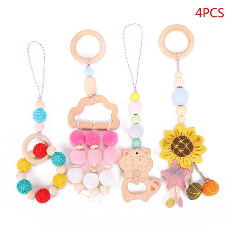 

MOLD 4 Pcs/Set Baby Play Gym Wooden Frame Stroller Hanging Pendant Teether Molar Teething Nursing Rattle Toys Gifts Decor