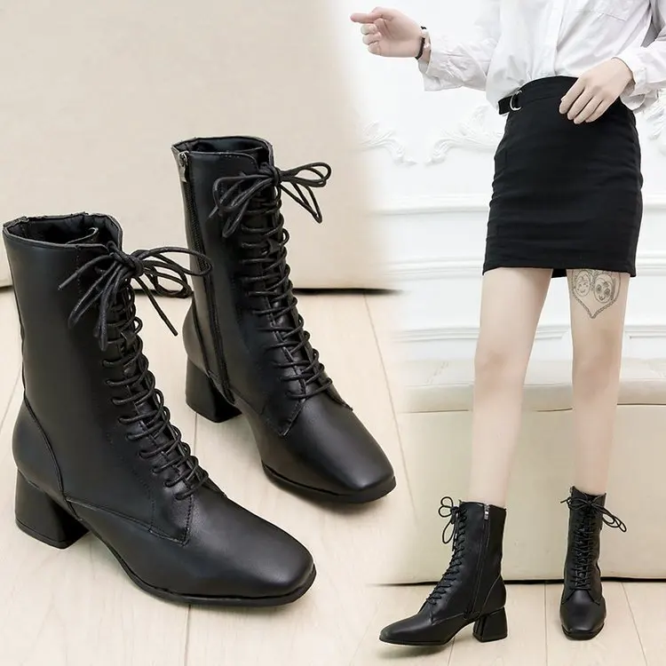 Модные женские сапоги до середины икры с перекрестной шнуровкой на молнии