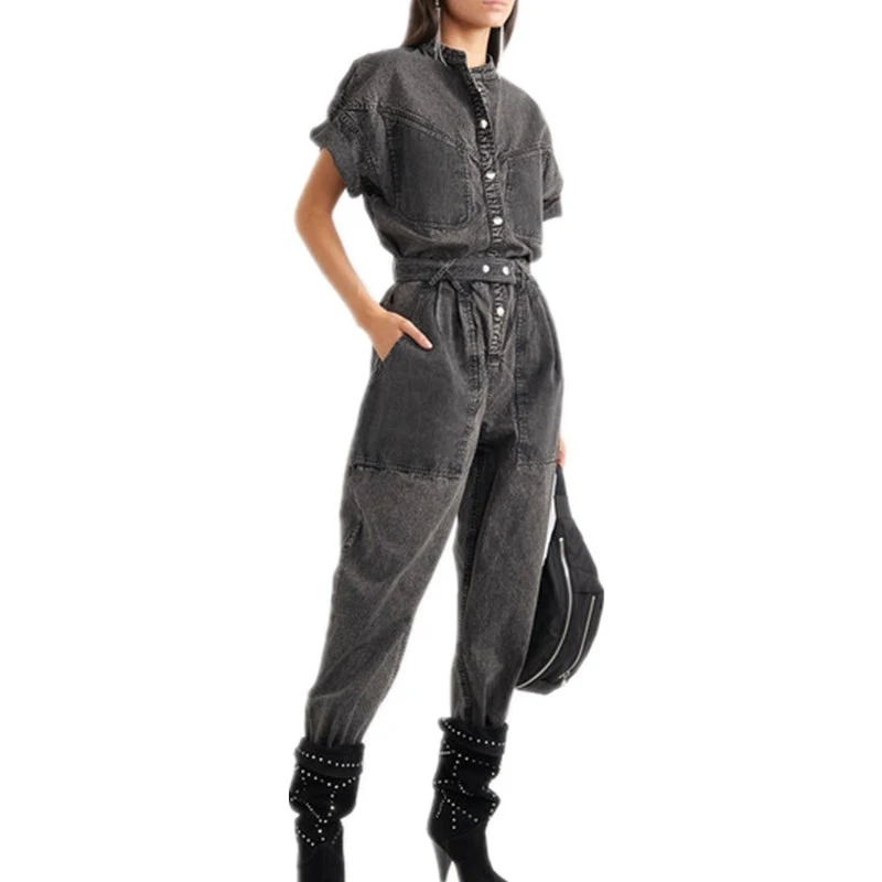 Подиумный джинсовый женский комбинезон 2019 свободный короткий рукав &quotлетучая