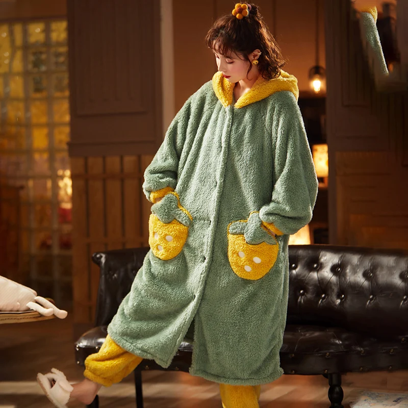 Plus Size XXL Winter Pyjamas Intensification Nighty Women Sleepwear Loose Version Medium Style Hooded Pajamas Plush Pajama set