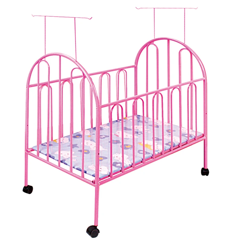Multi-Functional Baby Crib With 4 Lockable Wheels, Can Stitch Big Bed, Pink Color Newborn Cot, 100*56*97cm