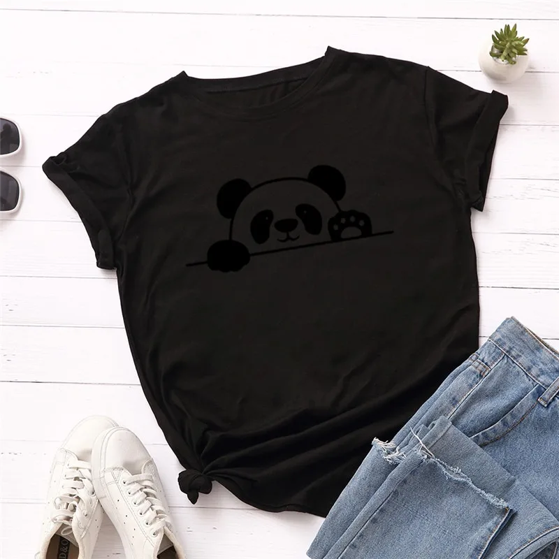 

Plus Size S-3XL Lovely Panda Print T-shirts Women Shirts O Neck Short Sleeve Tees Summer Women T Shirt Black TShirt