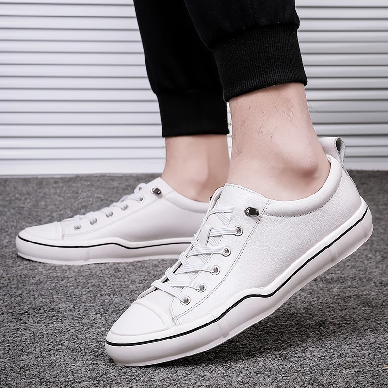 

Genuine Leather Men Shoes Black / White Footwear 2020 New Outdoor Casual Shoes High Quality Man Lace-up Casual Sneakers