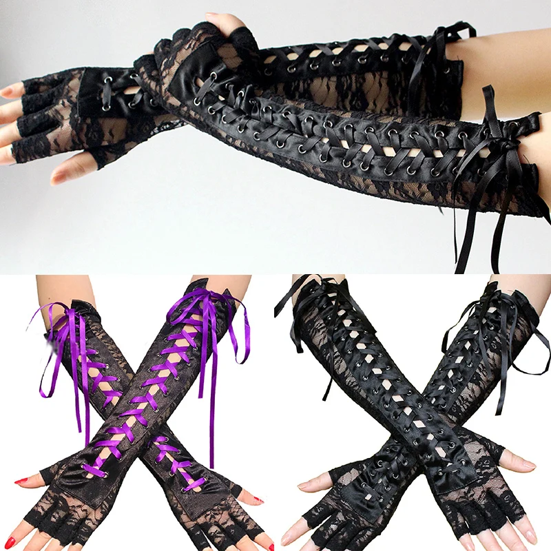 

Sexy Nightclub Party Gloves Long Black Lace Gloves Sexy Women Half-Finger Gothic Gloves Mittens Elbow Length Ribbon Rivet Tie Up