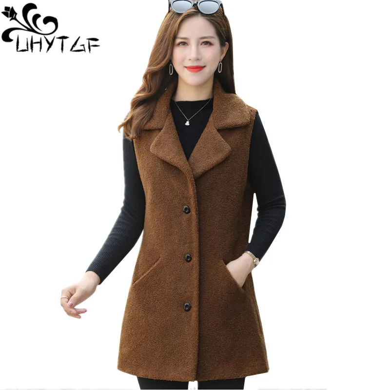 

UHYTGF Imitate Mink Cashmere Autumn winter woolen vest waistcoat coat Mid-length sleeveless casual 4XL plus size vest women 1448