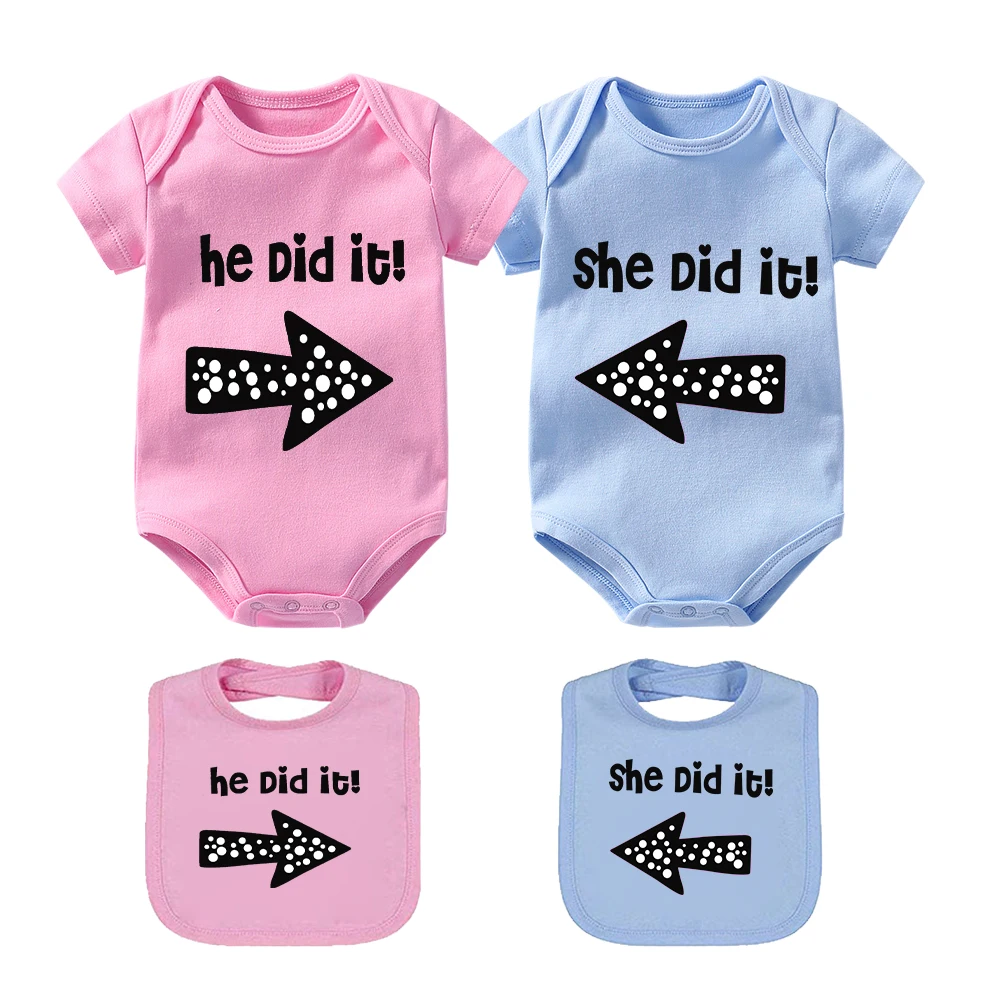 

Baby Twin Set He/She Did It Cotton Twins Outfit Infant Bodysuit with Bibs