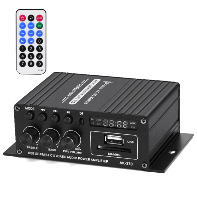 

2-канальный Bluetooth Hi-Fi усилитель мощности, домашняя автомобильная аудиосистема класса D с дистанционным управлением, FM-радио, AUX USB/SD