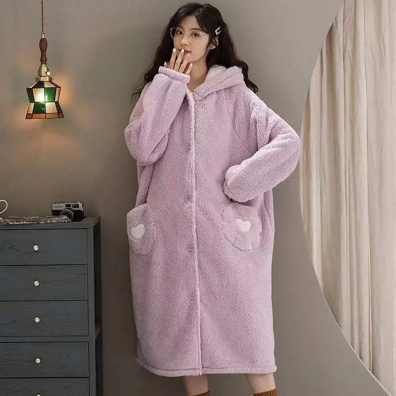 Autumn Winter Ladies Coral Fleece Pajamas Sweet Cute Women Plus Size Nightgown Thicken Warm Bathrobe Fashion Soft Homewear Suit