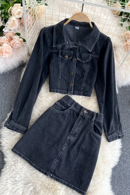 

Hong Kong style suit women retro chic heart machine cut-out Lapel temperament single breasted cardigan coat with jeans skirt