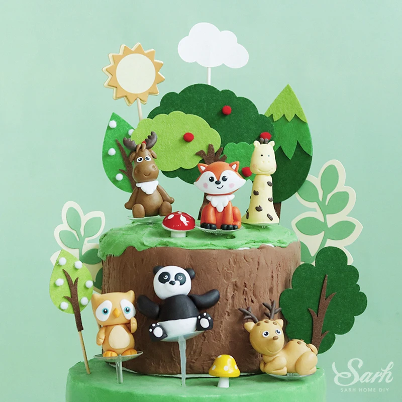 Животные Лев олень войлок жираф сова дерево Топпер для торта на день рождения