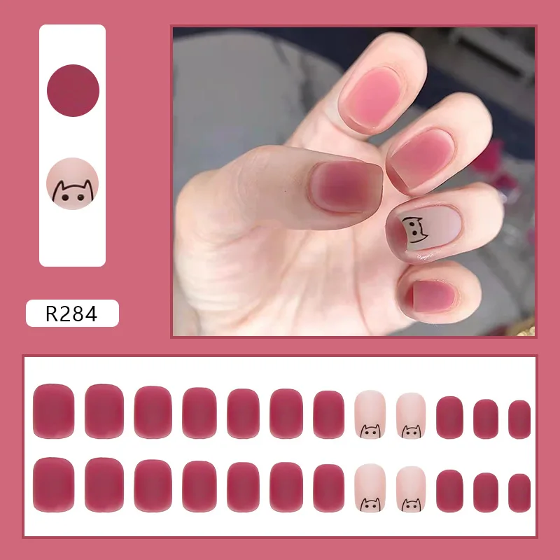 2022 New 24Pcs/Set Cute Cat And Bear Pattern Design False Nail French Stiletto Full Cover Fake Nails Manicure Art Tools | Красота и