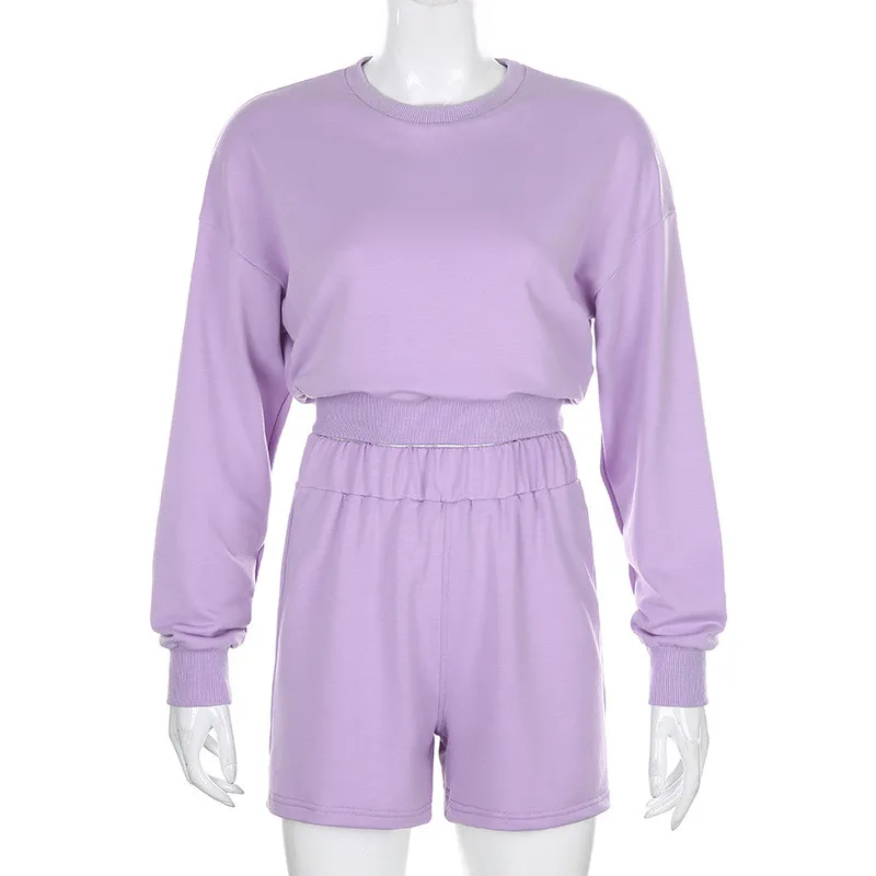 

CHRONSTYLE Women 2 Pieces Set Soild Color Long-sleeved Sweatershirt High Waist Slimming Biker Shorts Active Sport Tracksuit 2020