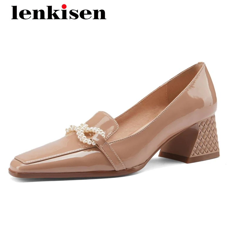 

Lenkisen business casual cow patent leather butterfly-knot square toe thick high heel slip on beading cozy gentlewomen pumps L48