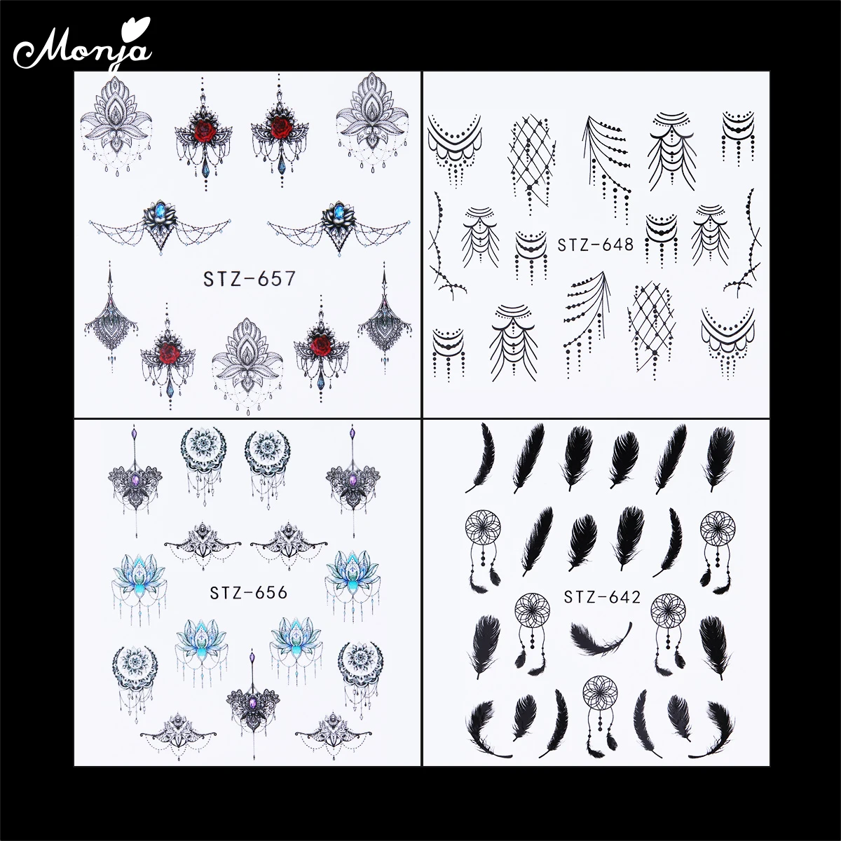 

Monja 24pcs Nail Art Black Dream Catcher Flower Image Mixed Style Water Transfer Stickers Watermark Decals Tips DIY Decorations