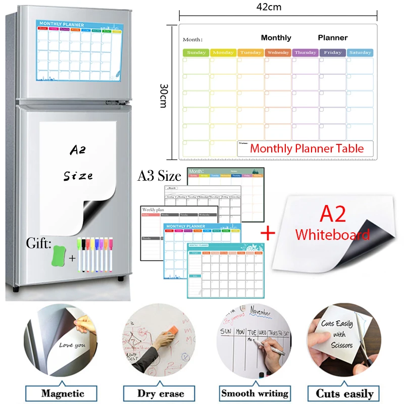 

A2 Size Magnetic Whiteboar and Monthly&Weekly Planner Set Package Dry Erase Fridge Calendar for Sticker Memo Boards