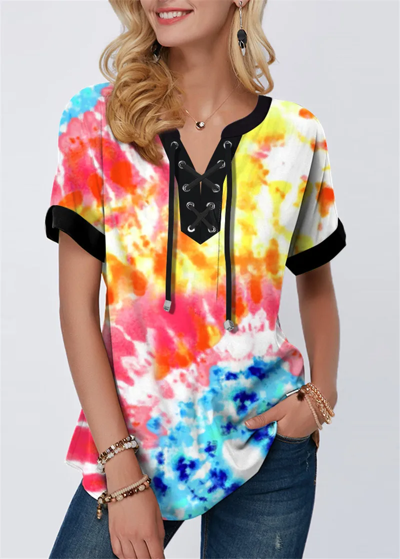 

New Women Short Sleeve Summer T Shirts Fashion Flowers Print Fashion Bandage V-Neck Tees Loose Casual Lady T Shirt 5XL Plus Size