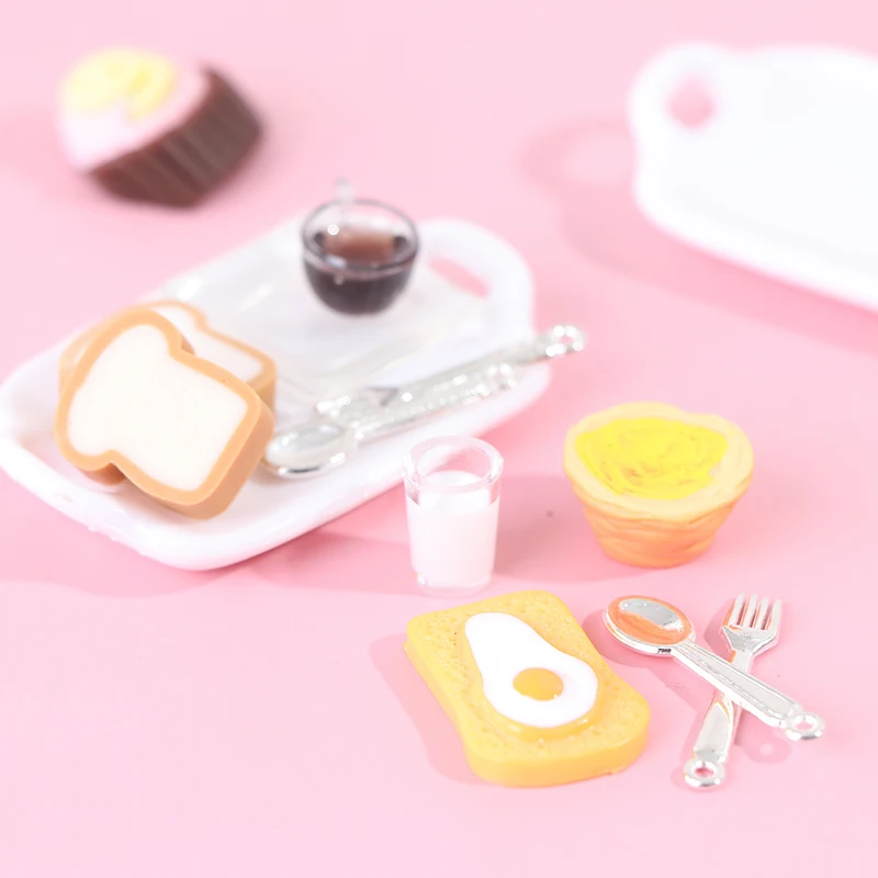 

1Set 1:12 Dollhouse Miniature Breakfast Set Hamburger Croissant Toast Egg Coffee with Tray Kitchen Food Accessories