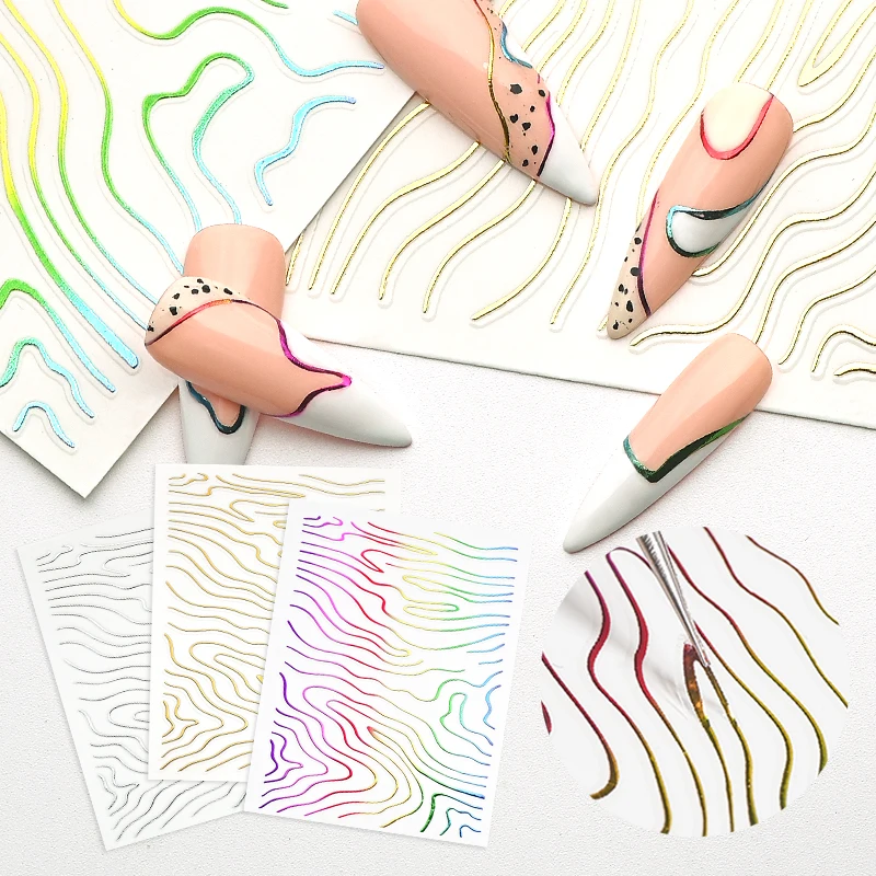 3D металлические золотистые Мраморные линии наклейки для ногтей полоска ленты