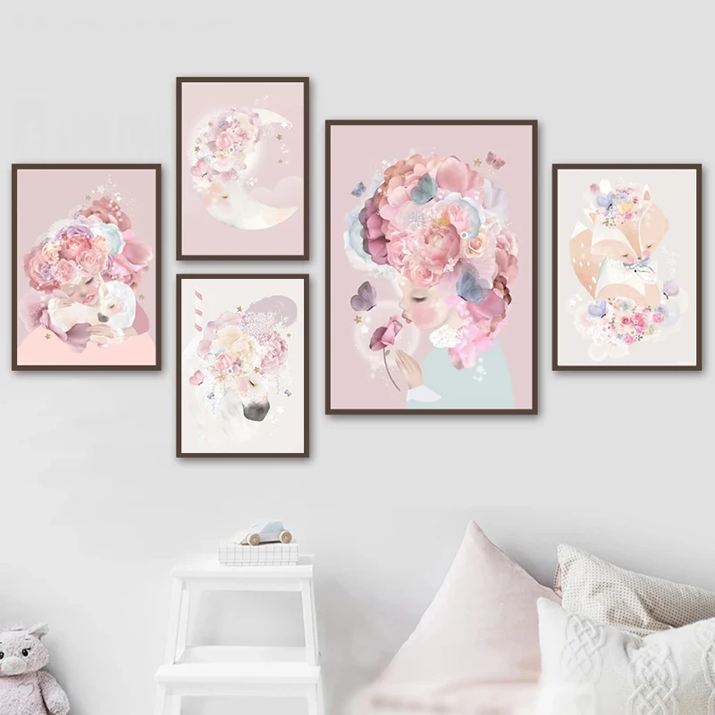 Настенная Картина на холсте розовые цветы маленькая девочка Луна лиса Печатный