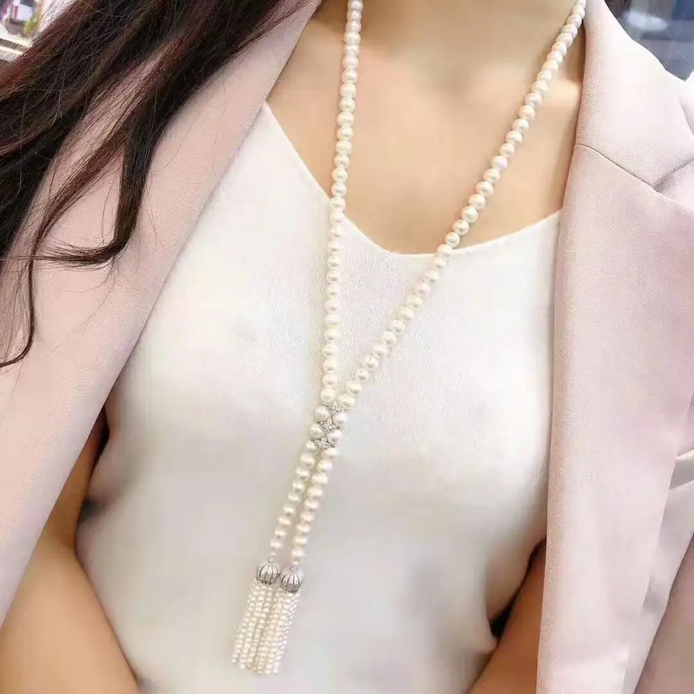 Women's jewelry 8-9mm 110cm micro inlaid zircon accessories white freshwater pearl necklace tassel pendant long sweater chain