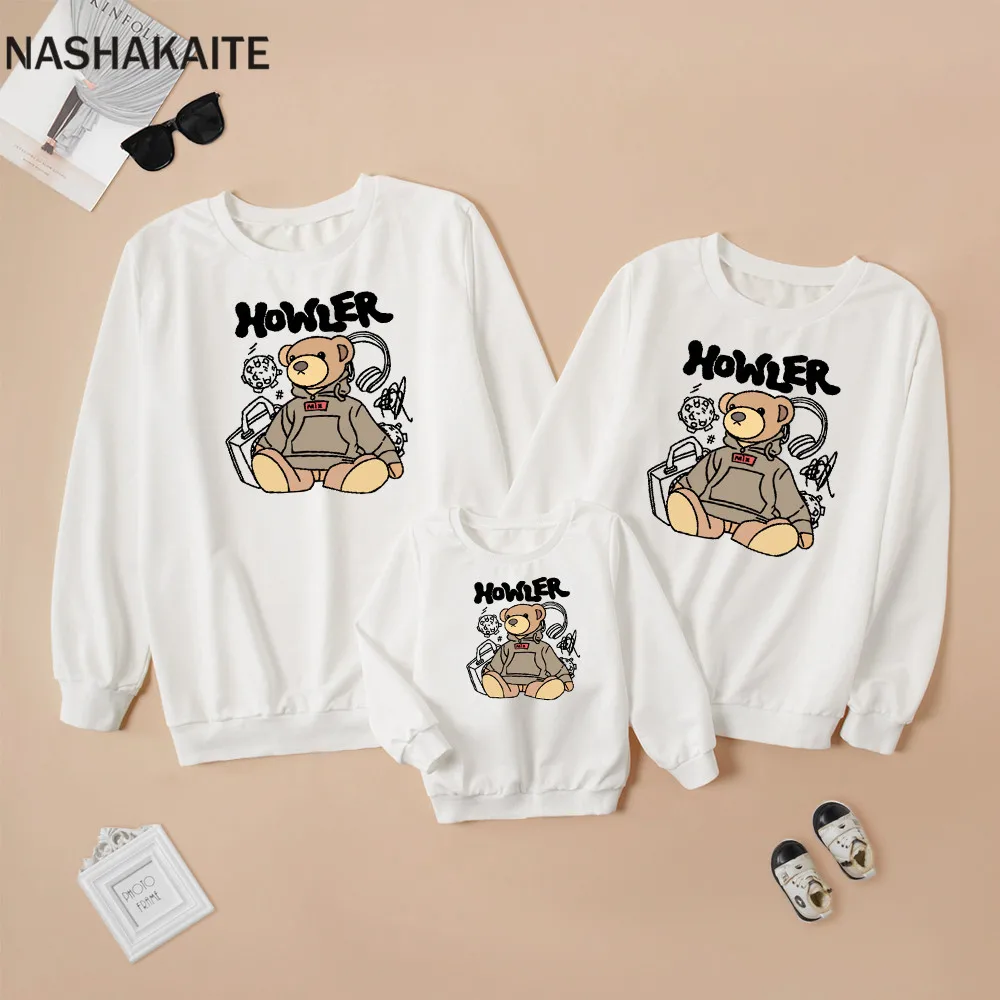 

NASHAKAITE Winter Family Matching Outfits Mother Kids Letter Bear Paw Print Sweatshirt Family Look Mom Daughter Dad Son Clothes