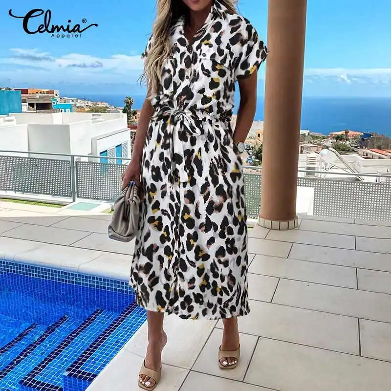 

Celmia Women Sexy Leopard Print Sundress Elegant Shirt Dress Summer Short Sleeve Casual High Waist Button Cargo Midi Vestido