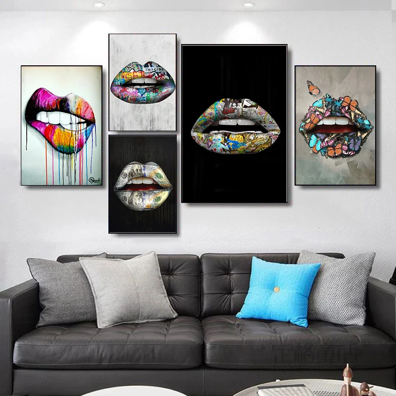 

Color Creative Mouths Canvas Painting Sexy Red Lips Flower Posters and Prints Wall Art Pictures For Living Room Decoration