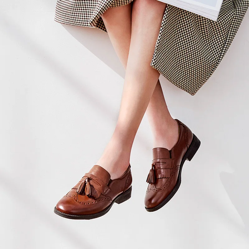 Туфли BeauToday женские с бахромой натуральная телячья кожа броги круглый носок