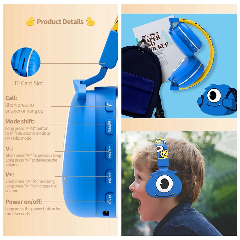 Симпатичные беспроводные детские наушники с микрофоном для детей мальчиков