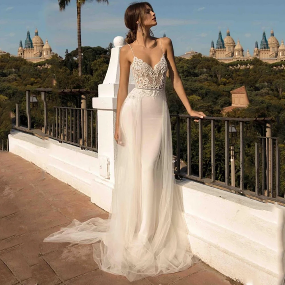 

Cheap Wedding Dresses Organza Illusion Appliques V-Neck Spaghetti Straps Backless A-Line Bridal Gowns Novia Do 2021