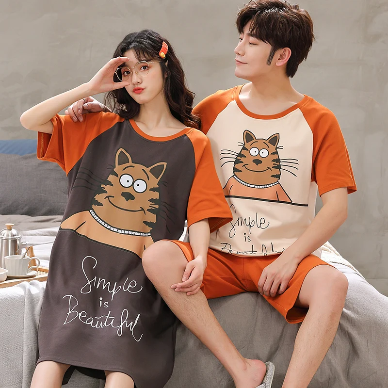 

Cartoon Patchwork Man Women Matching Pajamas Summer Cotton Plus Size Couple Pajamas Set Loose Homewear Short Sleeve Loungewear