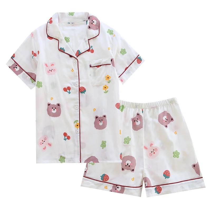 

Japanese Gauze V-neck Pajamas Women Short-sleeved Shorts Double-layer Cotton Summer Spring Plus Size Printing Home Service Suit