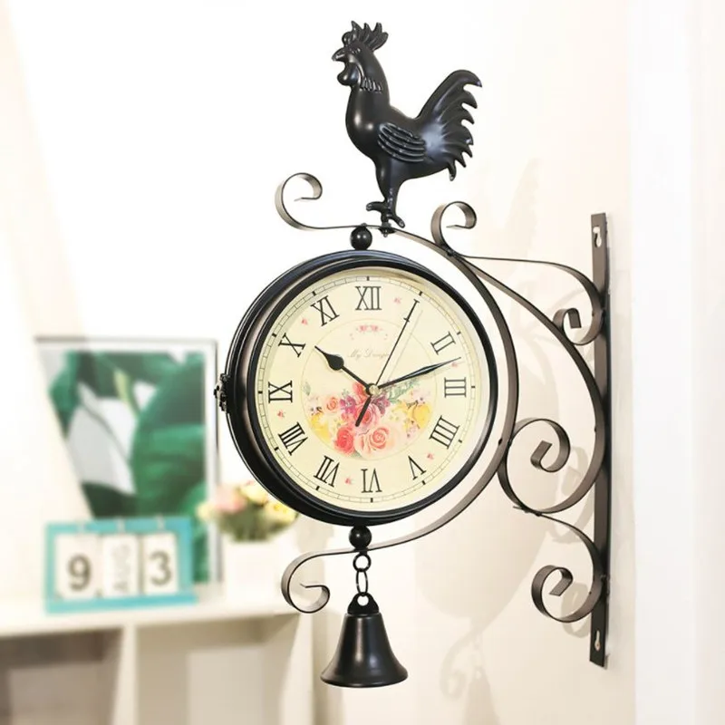 

Double Sided Retro Wall Clock European Creative Home Living Room Decoration Iron Rotate Mute Wall Decor Clock